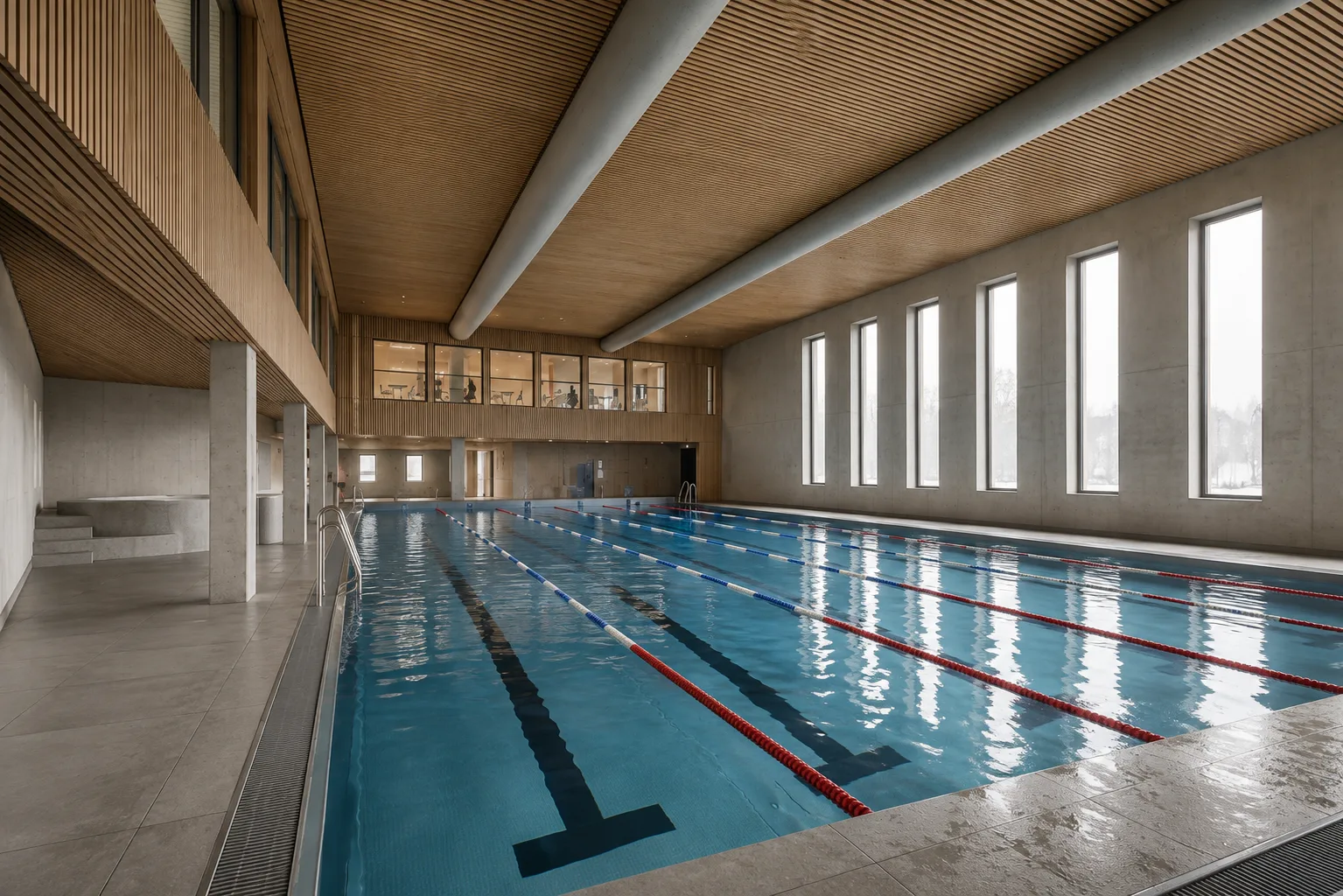 Hovedbassenget på A4 Arena med dagslys og lange linjer
